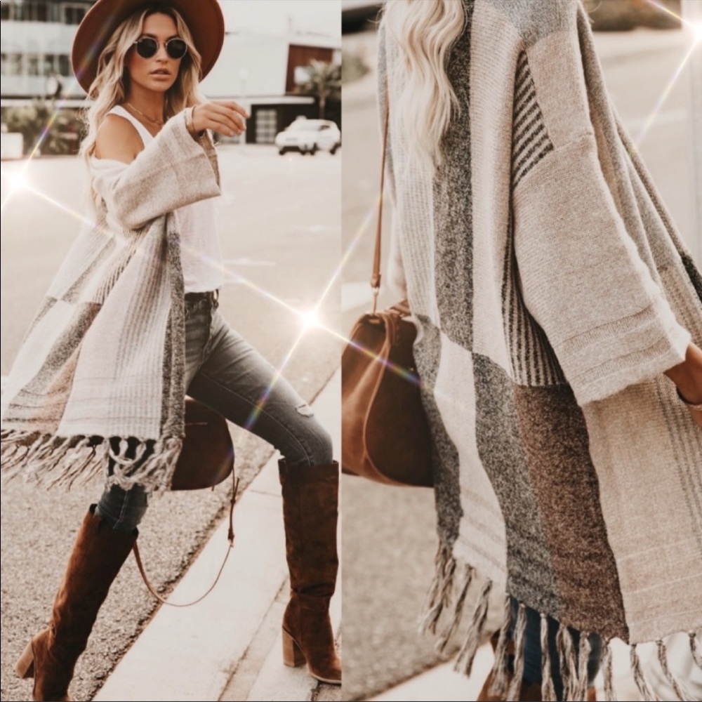 Vici Neutral Patchwork Fringe Open Cardigan - Beige & Cream
